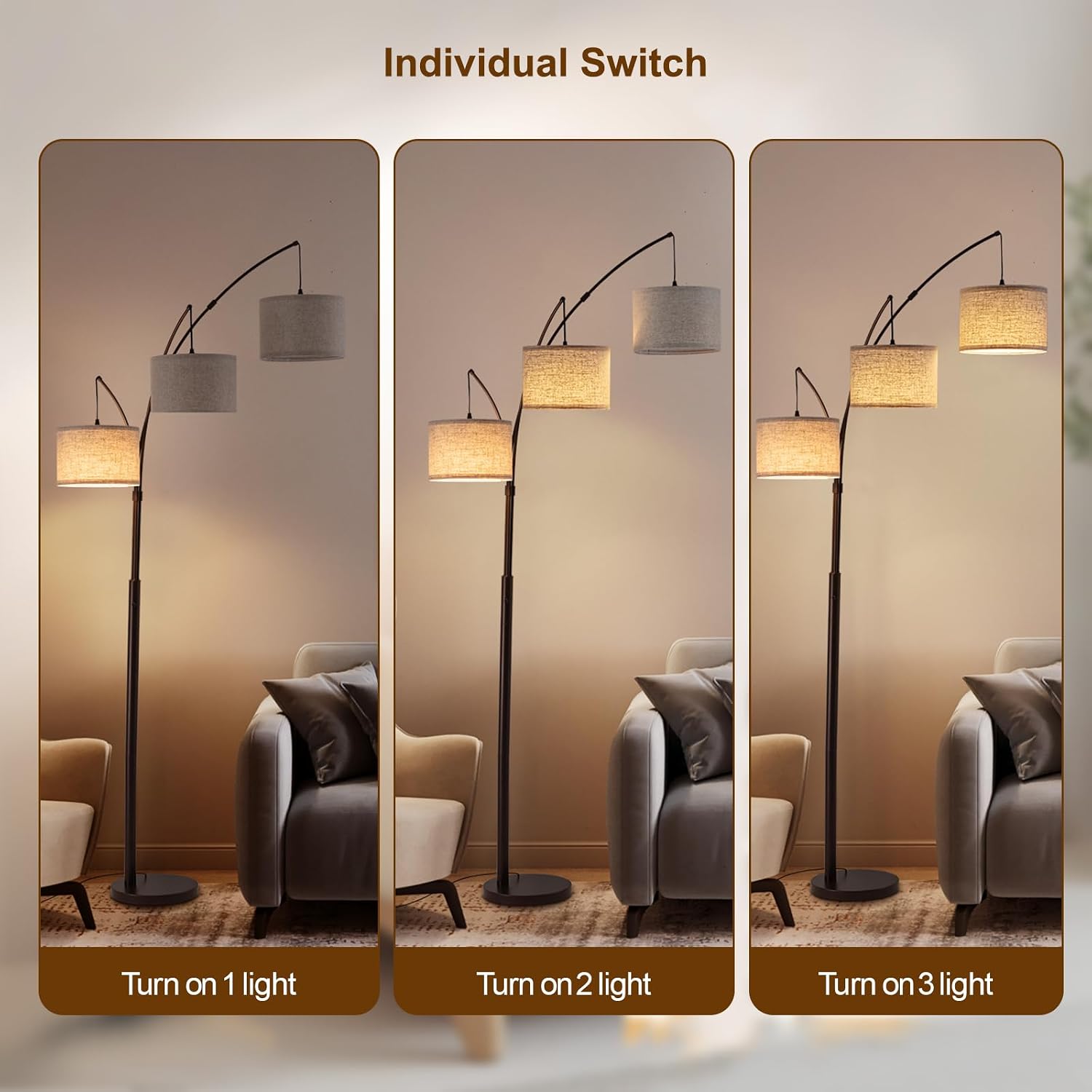 Detalle de Fansdrick 3-Light Arc Floor Lamp, 2,400 Lumens, Remote Dimming, 80-Inch