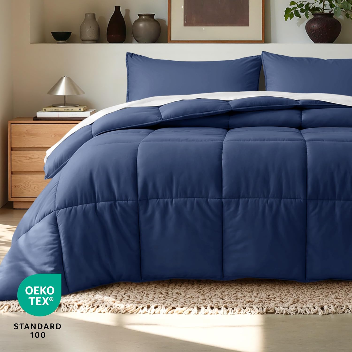 Detalle de Bare Home Comforter Set – Queen Size (Dark Blue): Ultra-Soft, Goose Down Alternative
