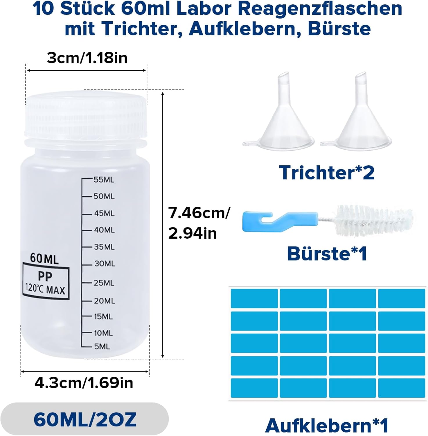 Thumbnail 1 de Mispudin 10er Set Weithalsflaschen mit Skalierung, 60 ml – Laborflaschen aus Kunststoff mit Trichter, Etiketten & Pinsel