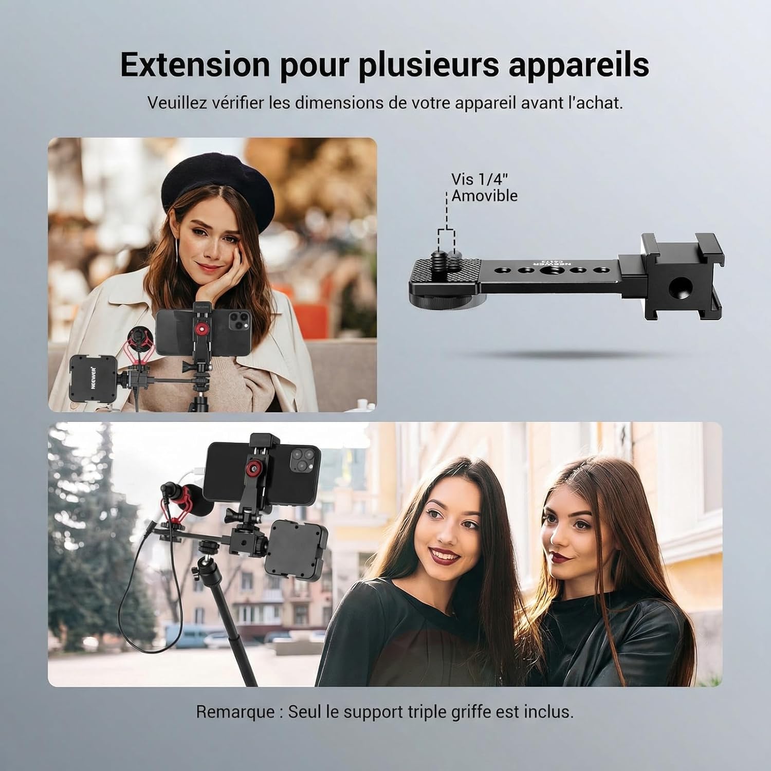 Thumbnail 3 de NEEWER Plaque de fixation triple à griffe flash avec LED et extension métallique (CA173) pour stabilisateurs
