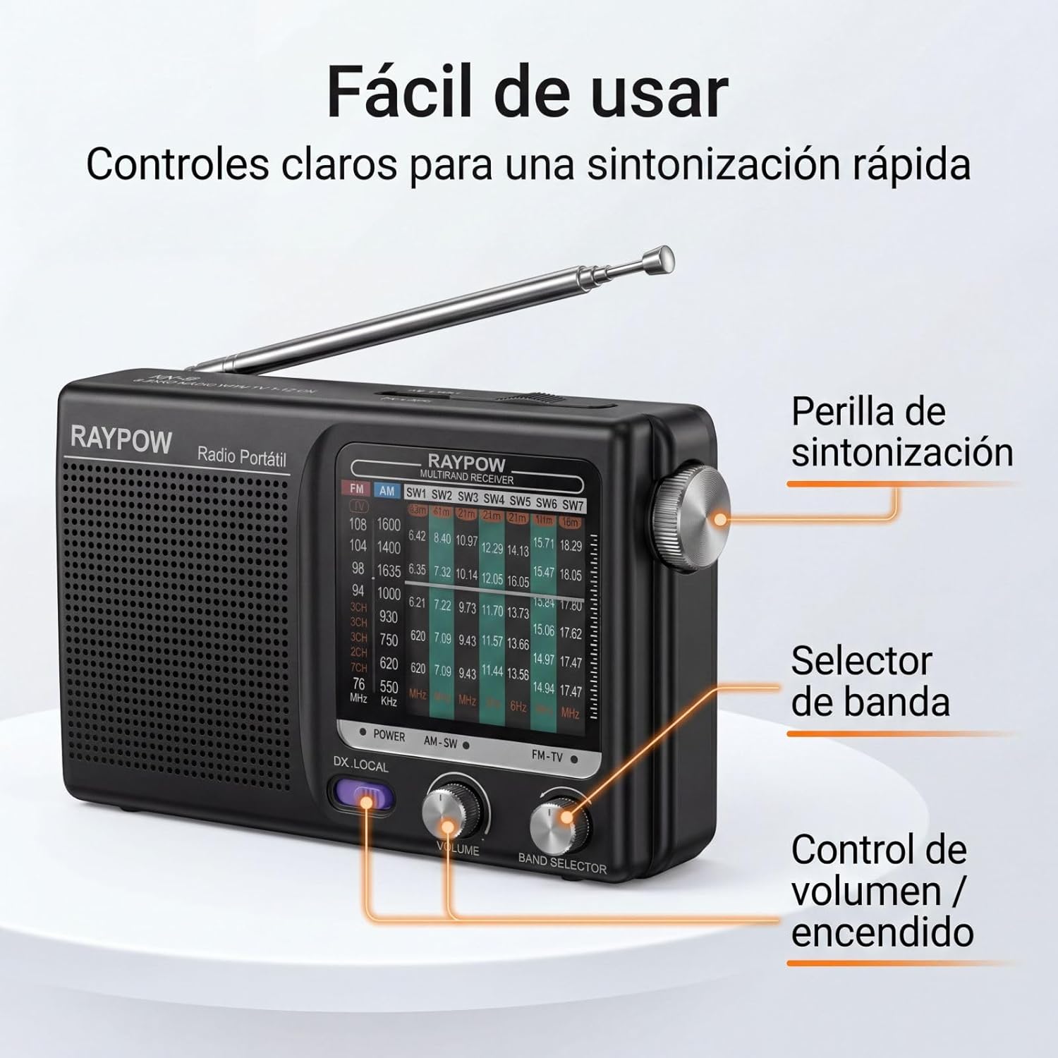 Thumbnail 3 de RAYPOW Raypow Radio Portatile a 9 bande FM/AM/SW1–SW7 con speaker e alimentazione a 2 batterie AA