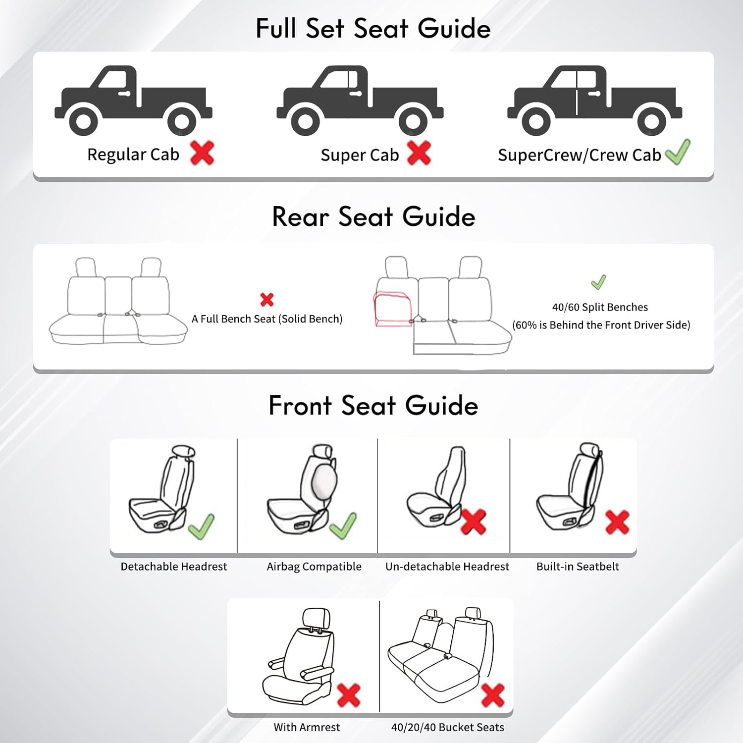 Thumbnail 6 de Huidasource Faux Leather Seat Covers for 2015-2025 Ford F-150 SuperCrew & 2017-2025 F-250/F-350 Crew Cab (Full Set, Black)