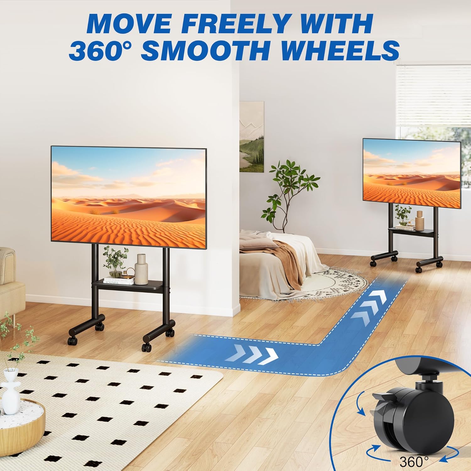 Thumbnail 5 de 5Rcom Mobile TV Stand on Wheels with Height Adjustment, Large Tray and Dual-Post Support (Up to 50kg, Max VESA 400x400)