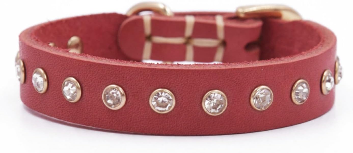 Detalle de YUDOTE Genuine Red Leather Dog Collar with Rhinestones – Adjustable Bling Collar for Small Dogs