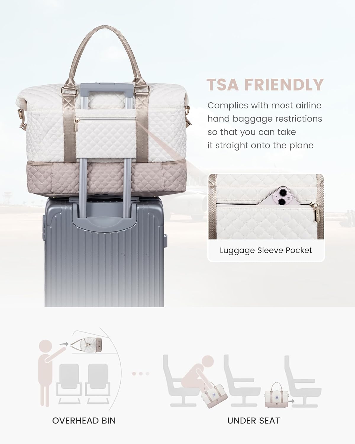 Detalle de LOVEVOOK women’s weekend duffel bag with shoe compartment and laptop sleeve