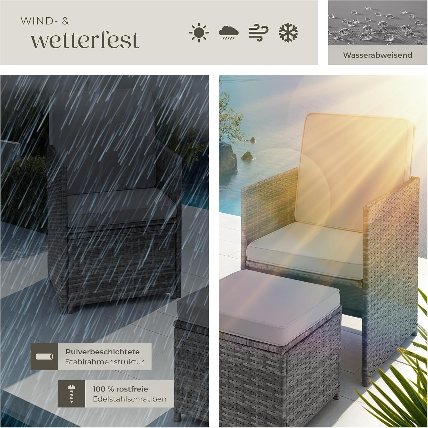Thumbnail 6 de tectake Poly Rattan Sitzgruppe 5-teilig (bis zu 4 Personen) mit Tisch, 2 Sesseln & Hocker – grau