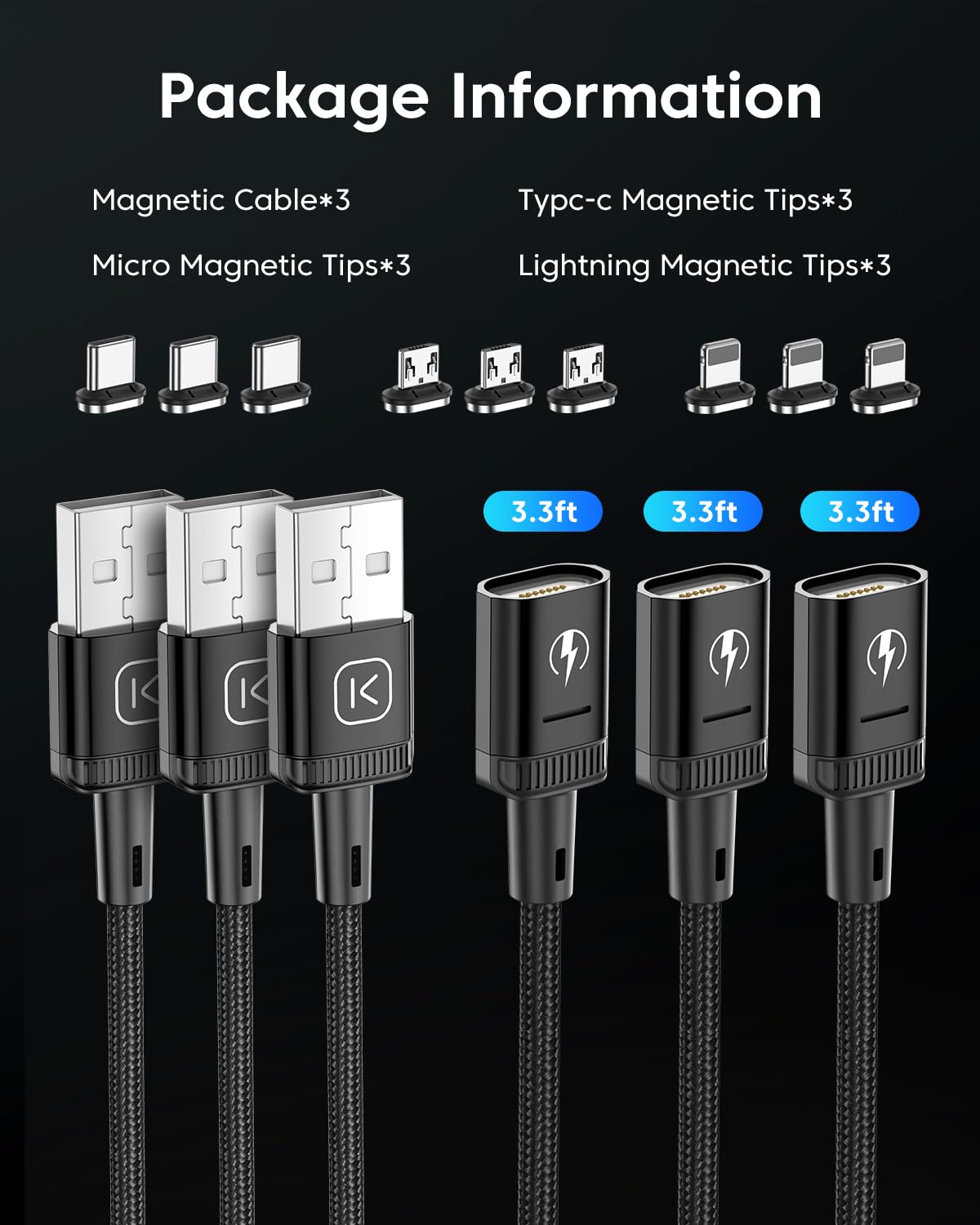 Thumbnail 2 de Kuulaa Magnetisches 3-in-1 Ladekabel Set (3 Stück) mit USB‑C, Micro‑USB und iOS – 3A Schnellladung