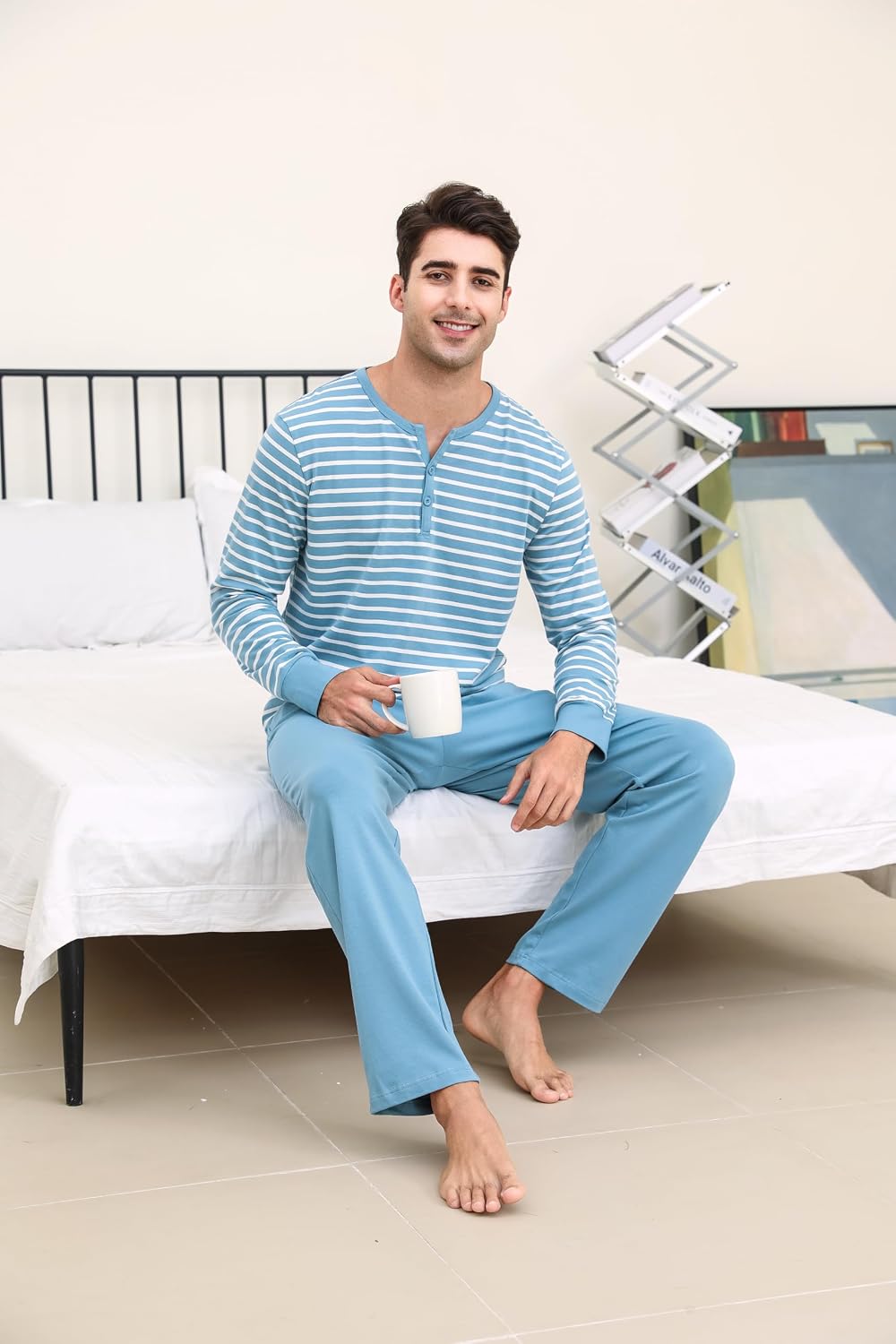 Detalle de Winovia Herren Schlafanzug Langarm mit Streifen – Baumwolle Pyjama-Set