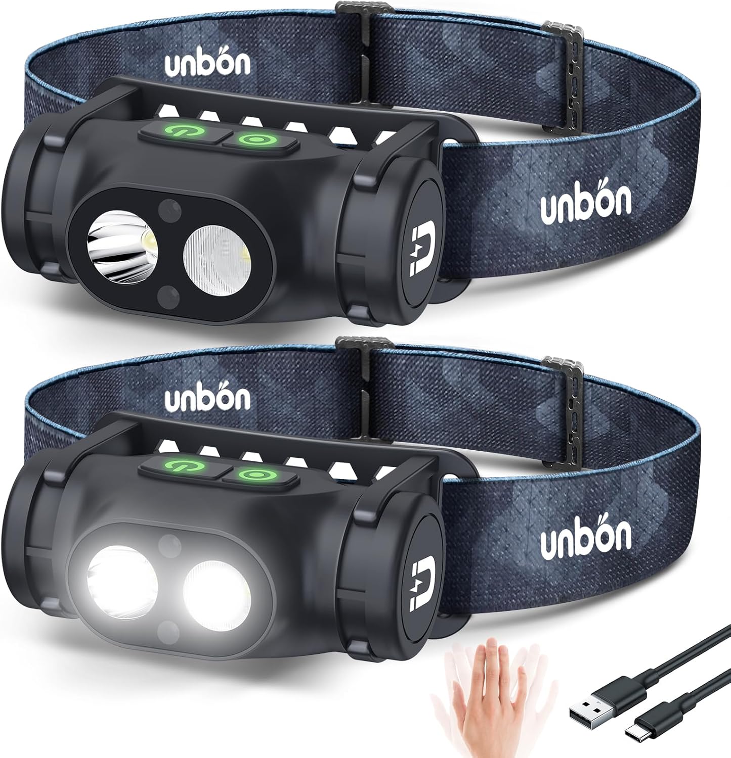 Detalle de UNBON Stirnlampe LED Wiederaufladbar: 2er-Set mit USB‑C, 150 m Spotlicht, 500 lm Mix, Bewegungssensor und IPX4