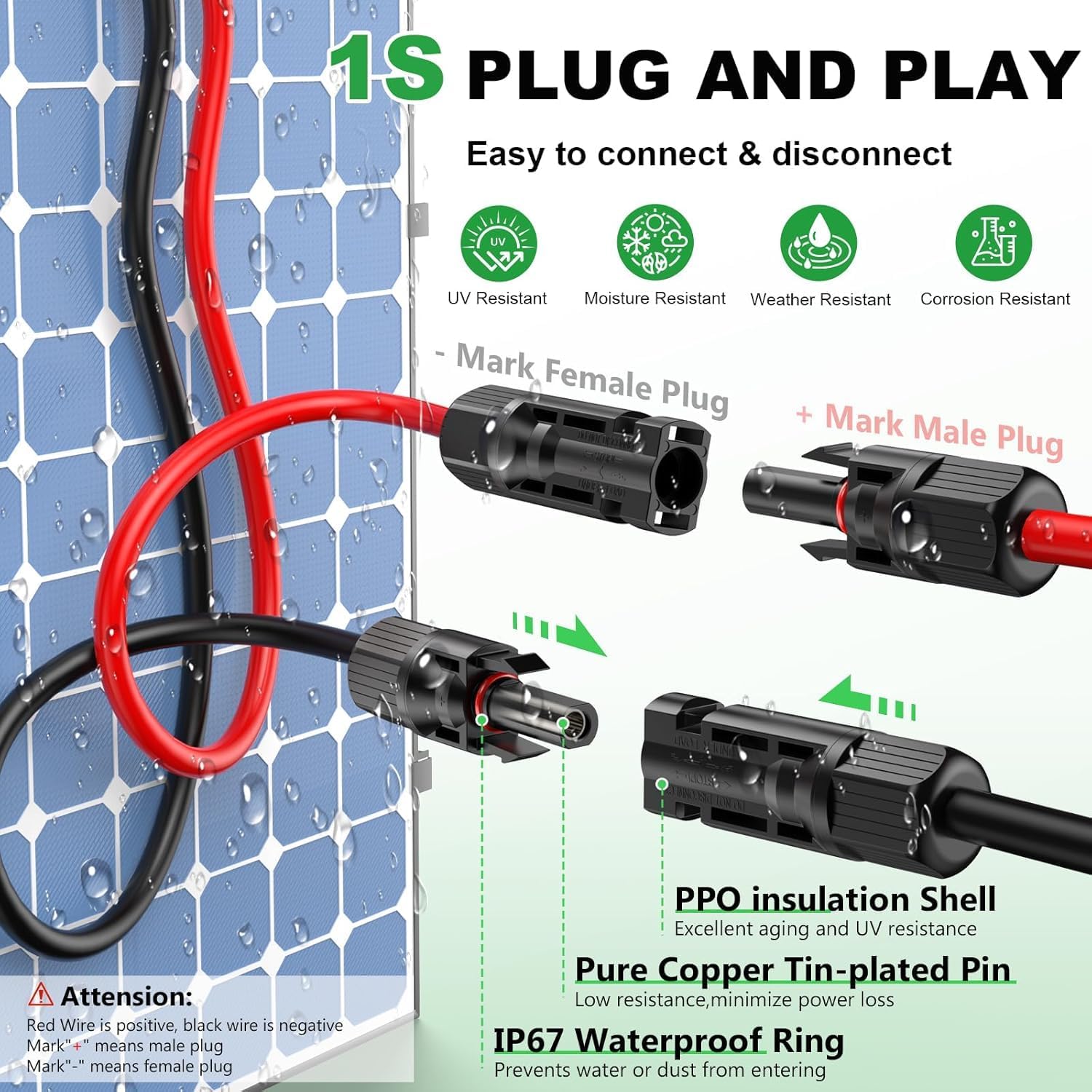 Thumbnail 3 de Oududianzi 100Ft 10AWG Solar Extension Cables (Set of 2) with Tin-Coated Copper, IP67 Connectors