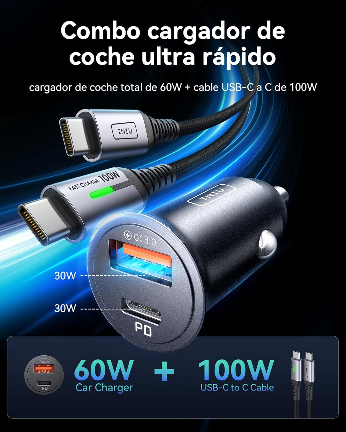 Thumbnail 1 de INIU Cargador de Coche 60W con USB-C 30W + USB-A 30W y Cable 100W (1 m) – Carga Rápida PD/QC3.0