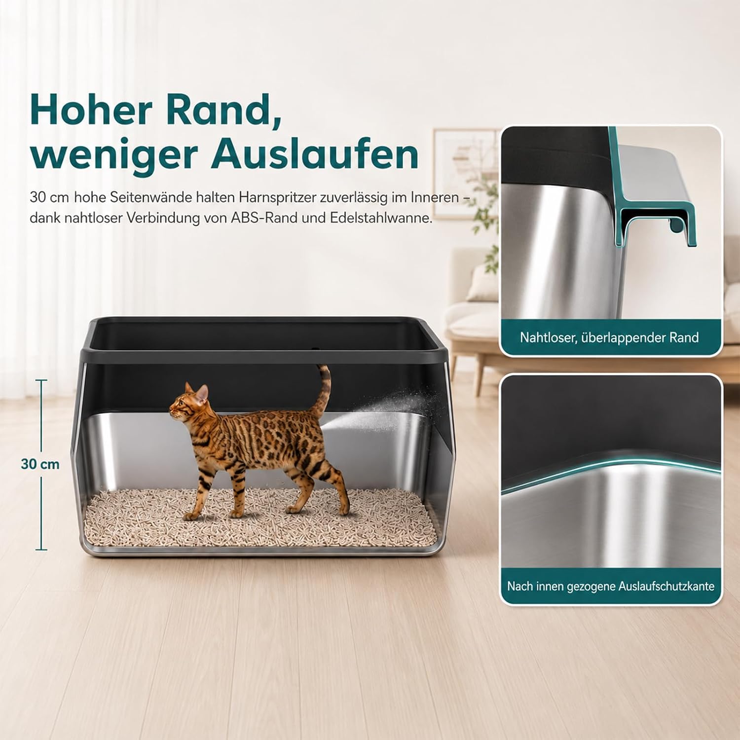 Detalle 2 de 2er-Set XXL Katzenklo aus Edelstahl 60×40×30 cm (37 l) – hoher Rand, offen, inkl. Streuschaufel