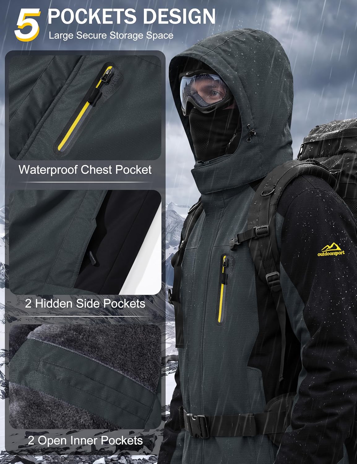 Thumbnail 4 de TACVASEN Men's Winter Ski Jacket Waterproof Hooded