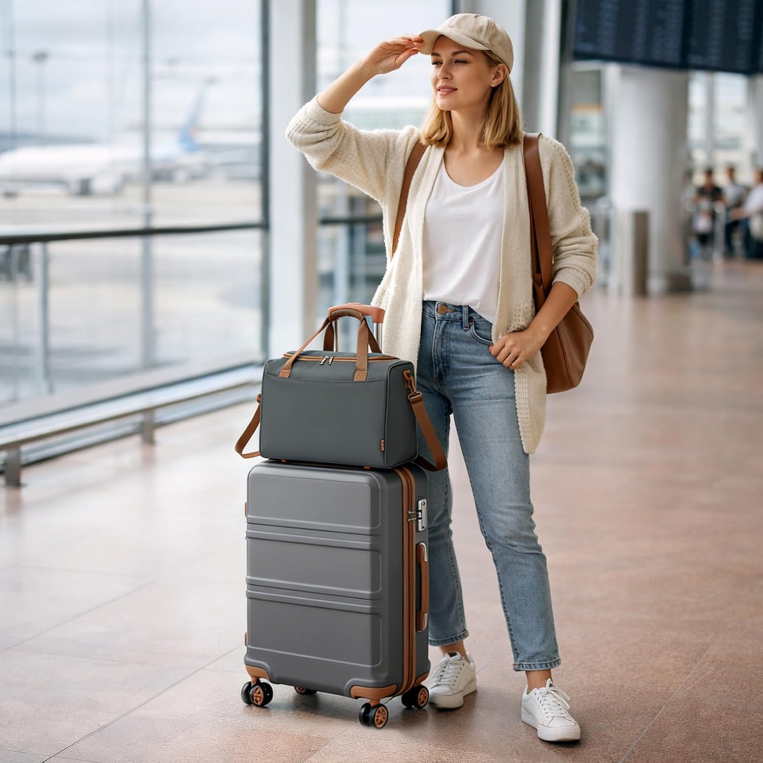 Thumbnail 4 de KONO 55cm Handgepäck-Koffer Trolley Set 2-teilig – Kleiner Koffer + Ryanair Reisetasche, Grau/Braun