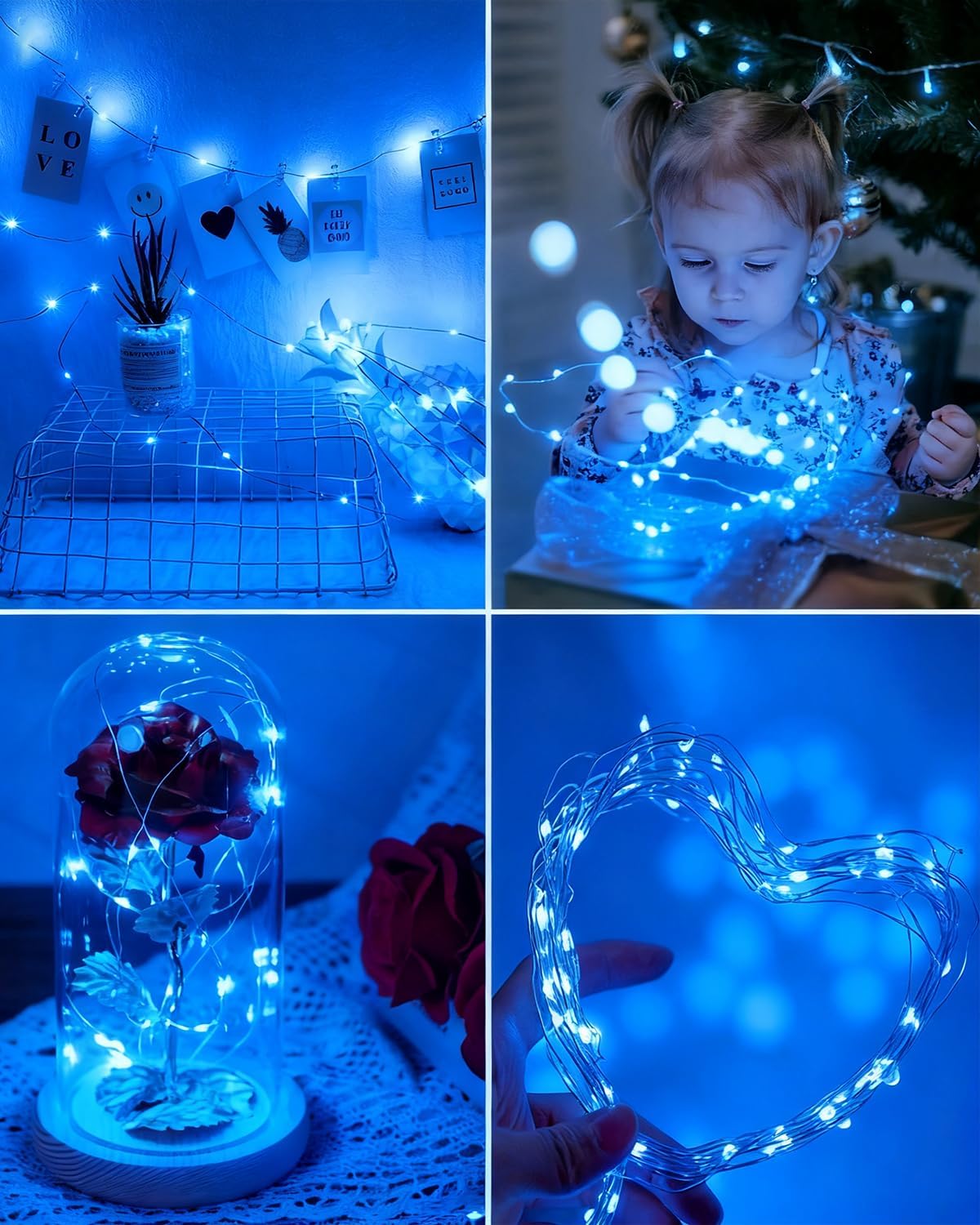 Detalle de btfarm 16er Set Mini-Lichterkette mit Batterie, 20 LED pro Kette, 2 m Silberdraht (blau)