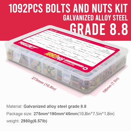 Detalle de Kit YEEZET de boulons et écrous hexagonaux 1092 pièces – 21 tailles M4–M10, finition zincée jaune, boîtier de rangement