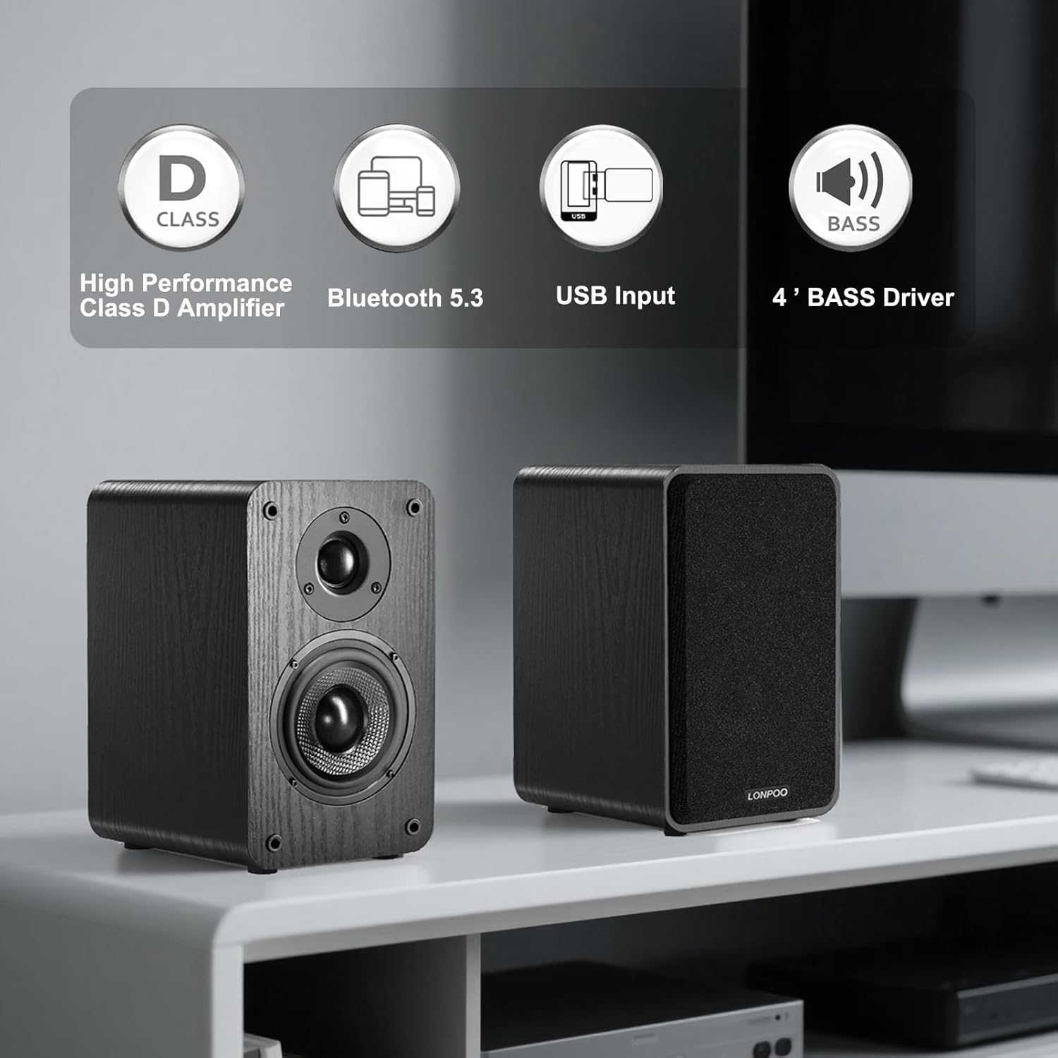 Thumbnail 4 de LONPOO Aktiv Regal-Lautsprecher-Paar mit 100 W RMS, Bluetooth 5.3 und HDMI ARC