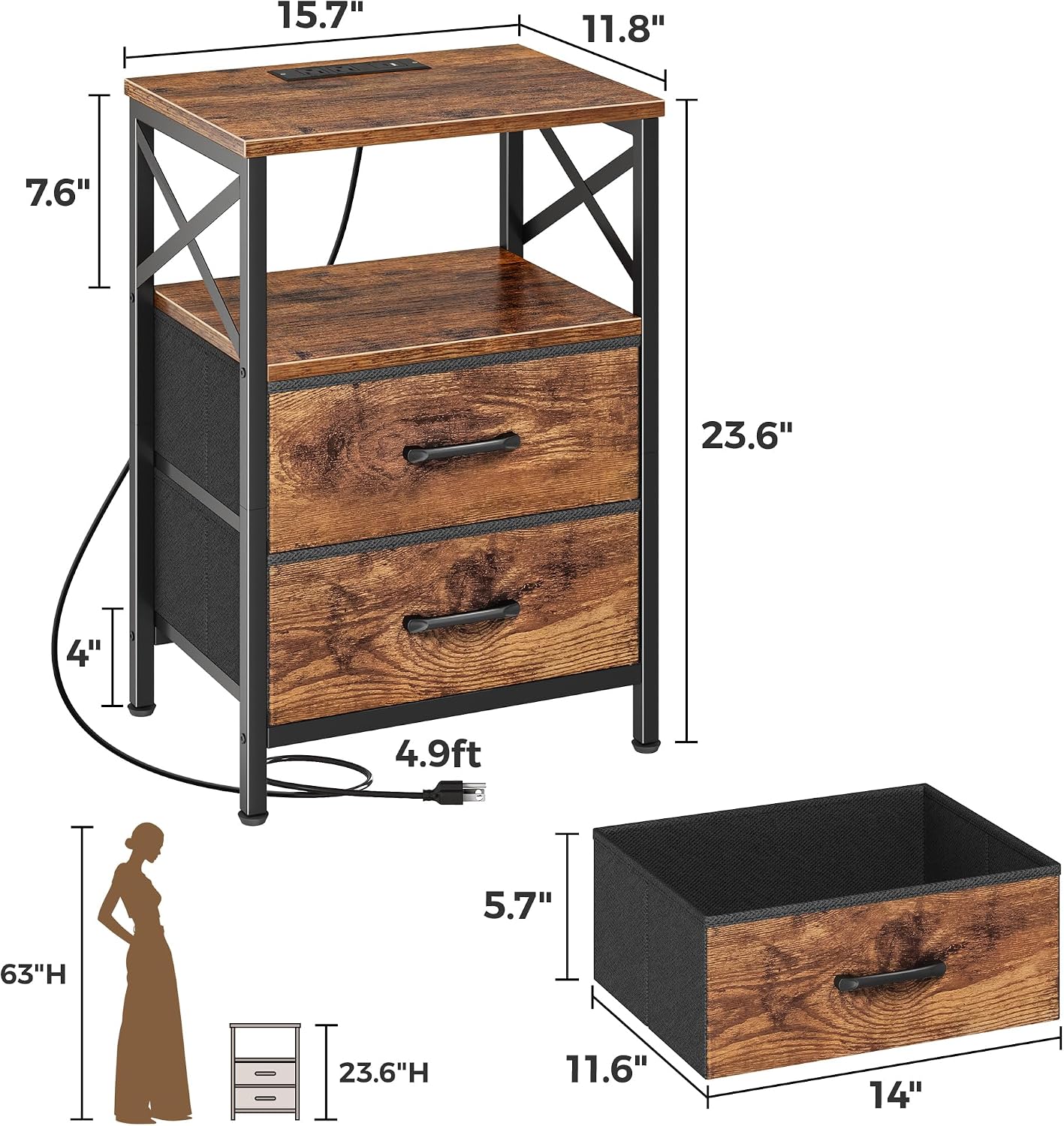 Detalle de Huuger Nightstand with Charging Station, Rustic Brown