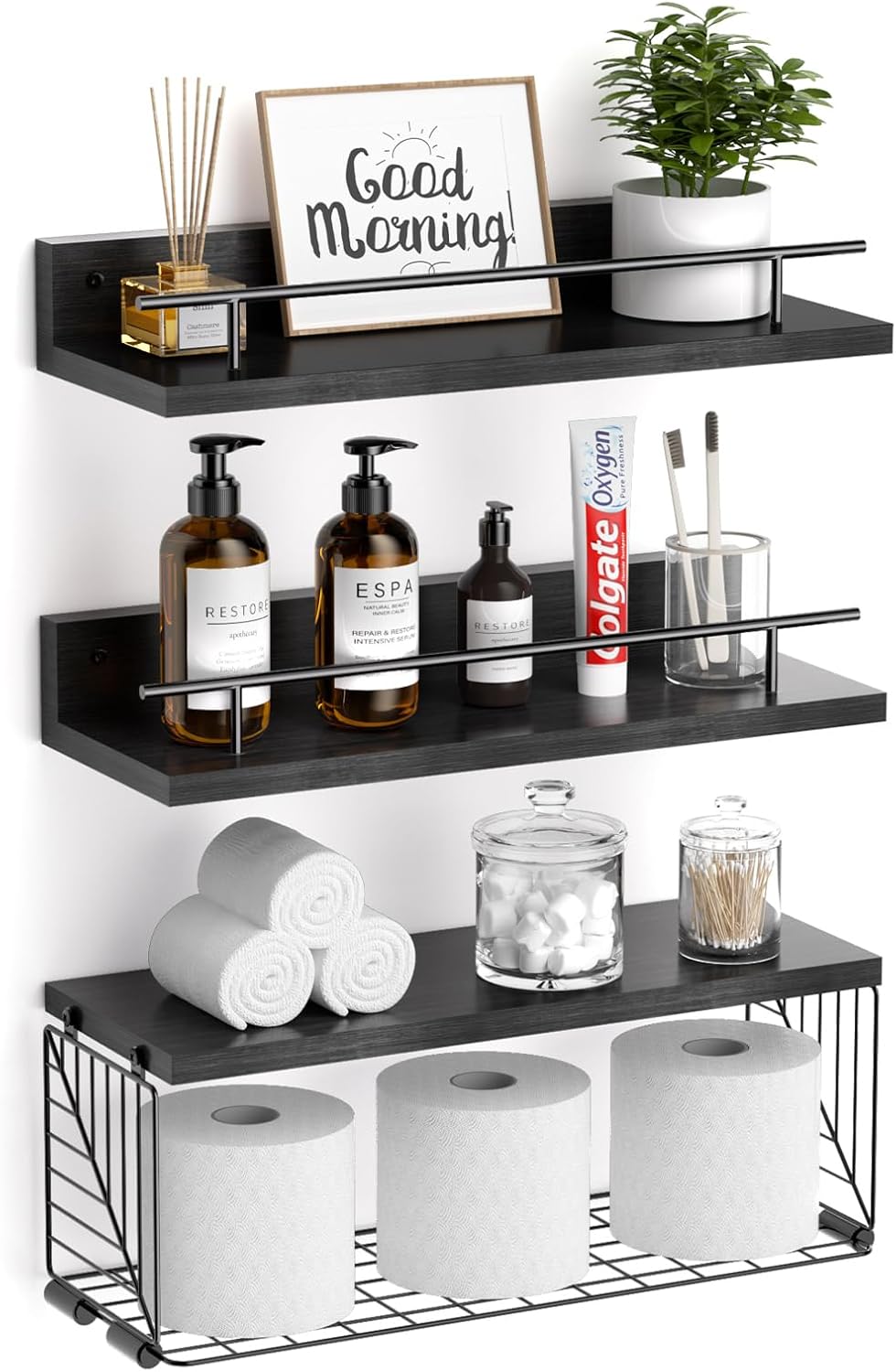 Detalle de KOWSINDE Art deco Bathroom Shelves with Wire Basket and Metal Guardrail