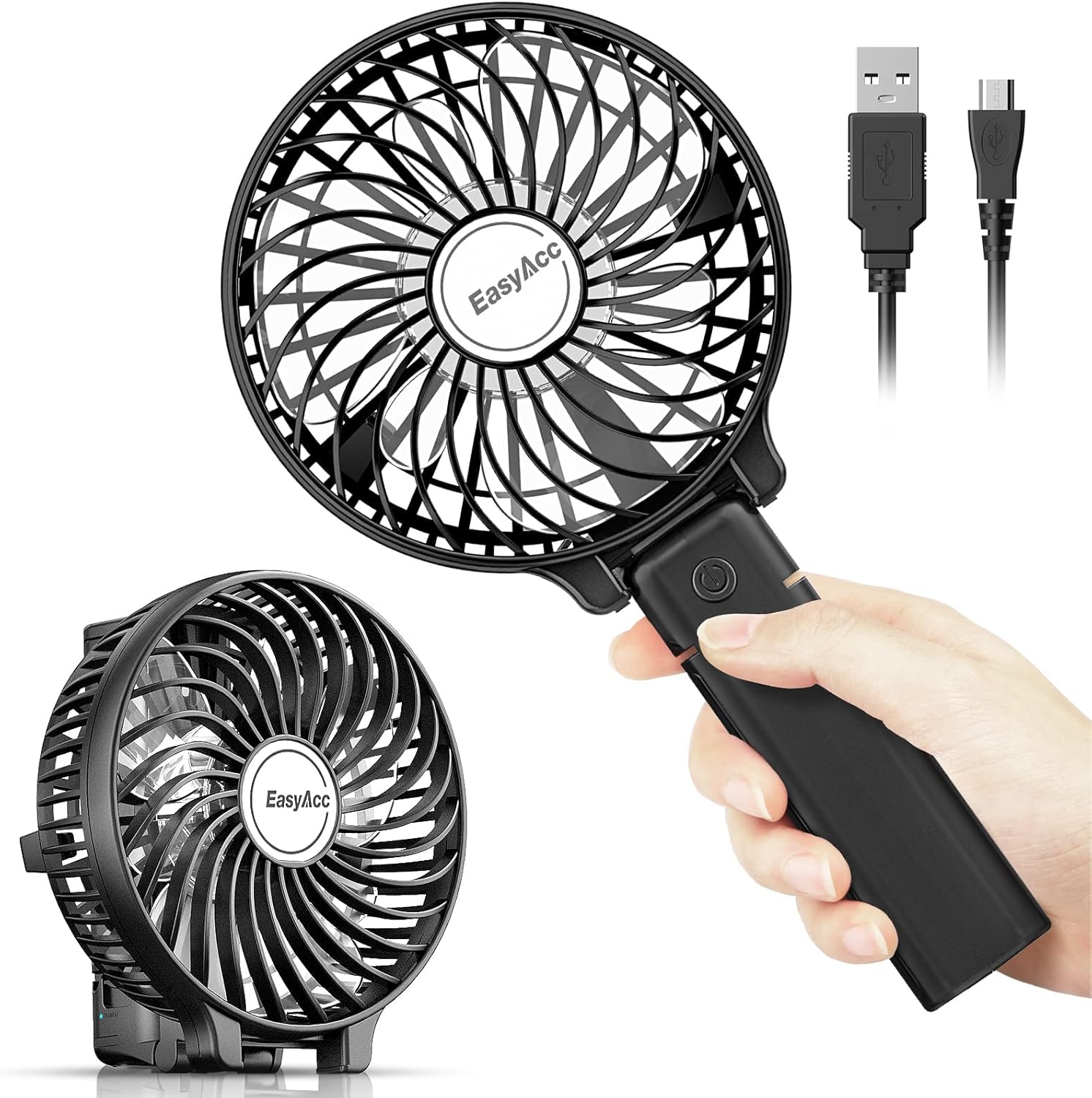 Detalle de EasyAcc EasyAcc Handheld Fan Portable USB Fan (180° foldable, rechargeable, 3 speeds) – Black