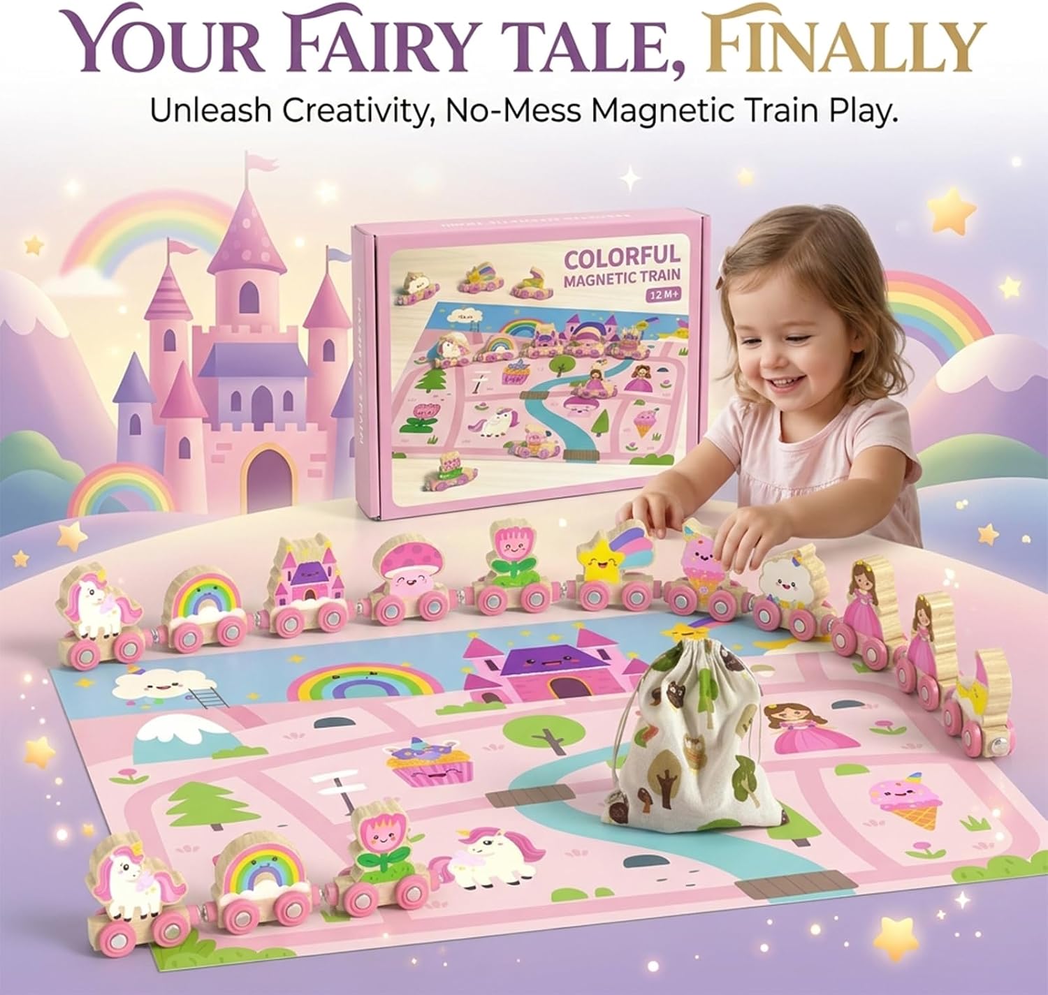 Thumbnail 1 de Unicorn Magnetic Wooden Train Set for 1–4 Year Old Girls with Castle Play Mat (Pink)