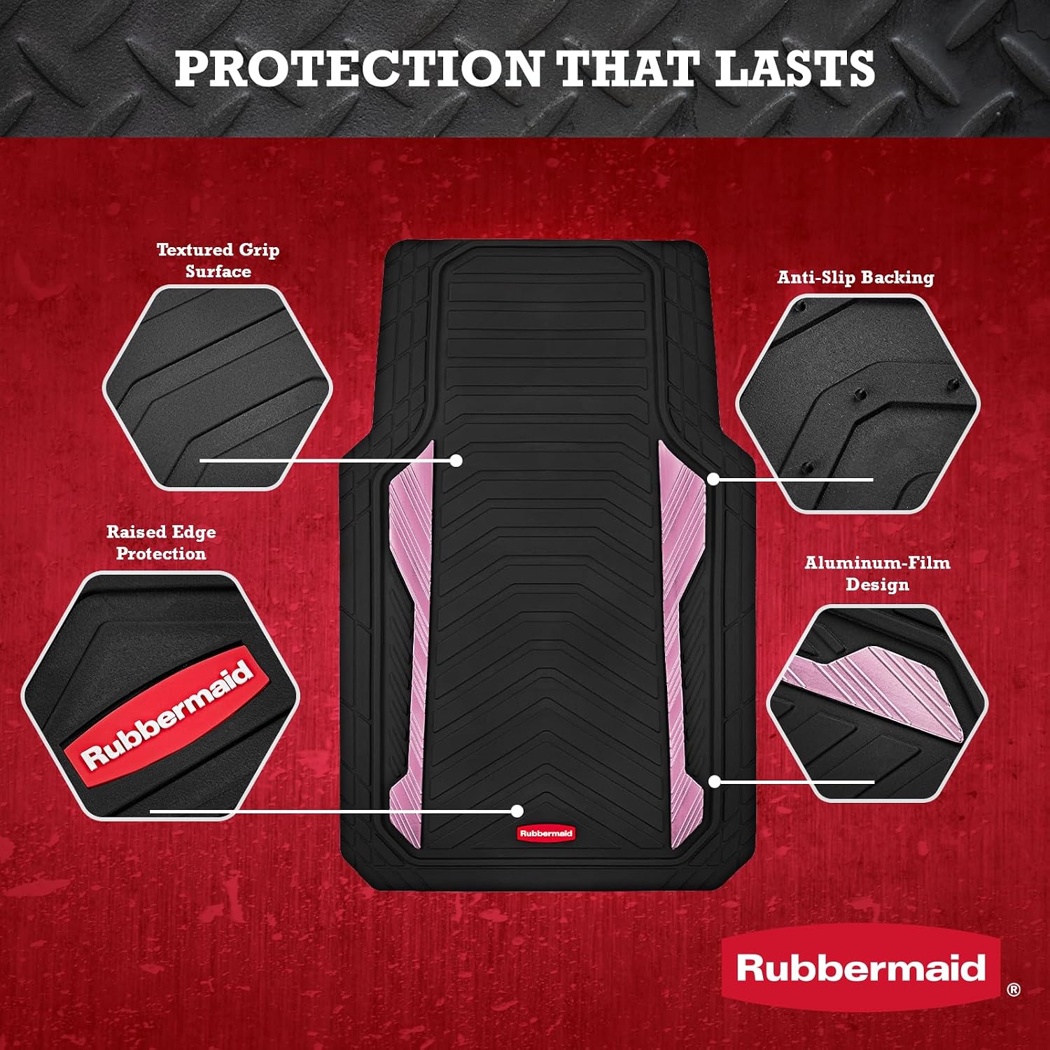Detalle de Rubbermaid Car Floor Mat, Heavy Duty All-Weather with Pink Aluminum Inserts