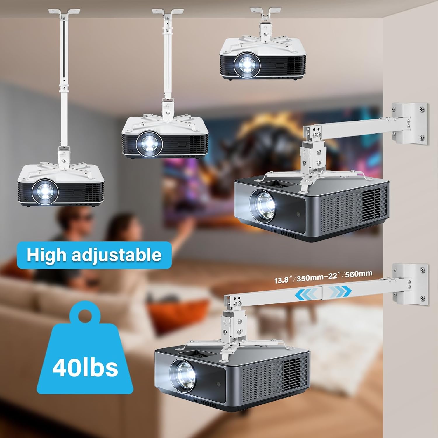 Thumbnail 2 de Vphom Universal Projector Mount Ceiling/Wall – 3-in-1 Bracket with Extension Pole & Cable Ties