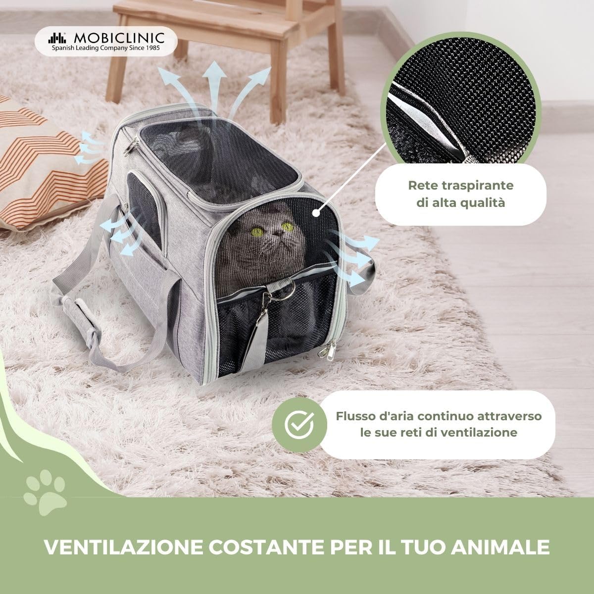 Detalle de Mobiclinic® pets Bronco: Trasportino pieghevole per cani e gatti, ventilato e multi-accesso (48x25x30 cm)