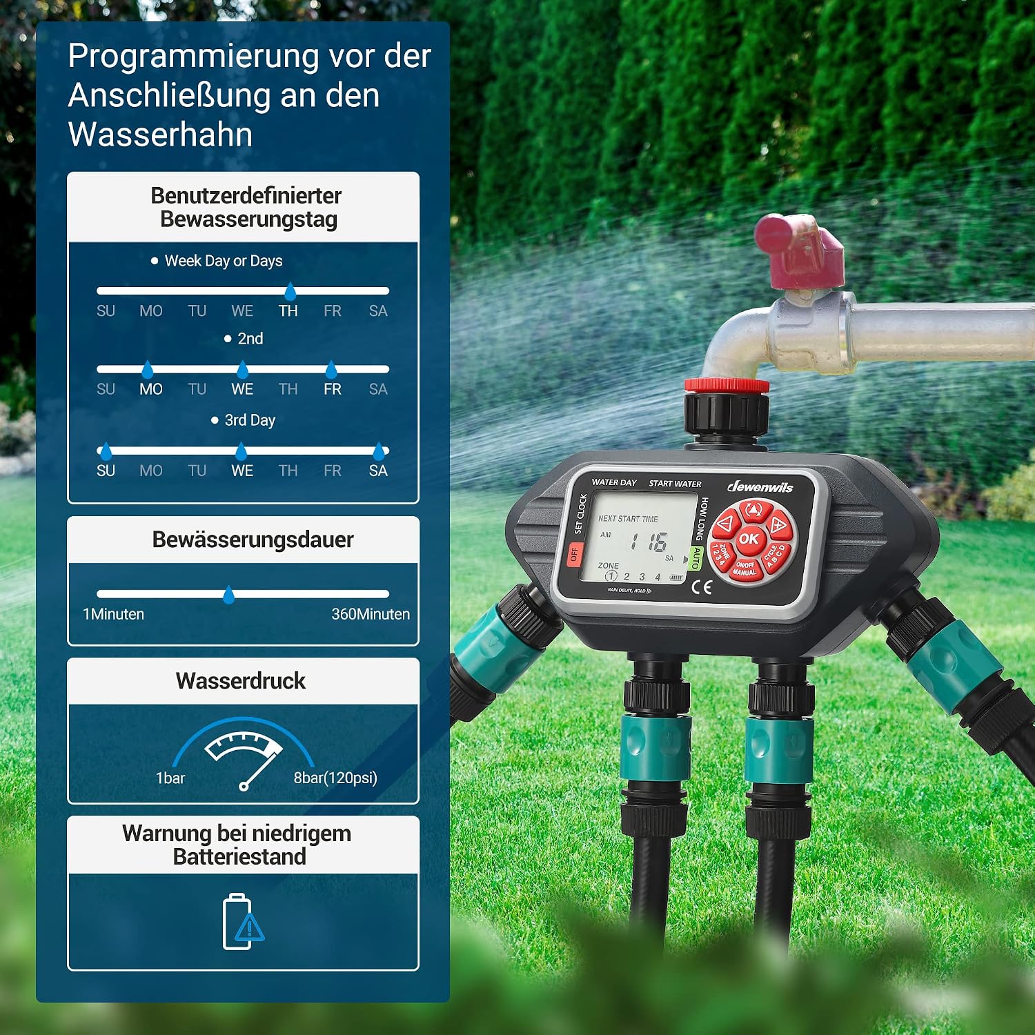 Detalle de DEWENWILS Bewässerungscomputer 4 Ausgänge – präzise Steuerung für bis zu 4 Zonen im Garten