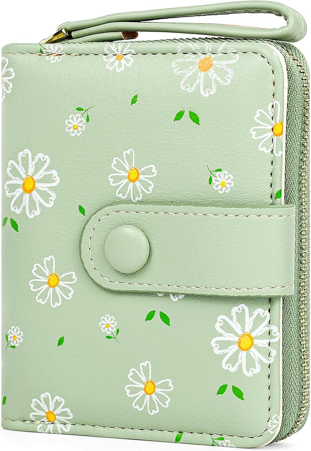 Detalle de Busnos Purses for Women: Green Daisy PU Leather Wallet with Card Holder, Coin Pocket and 5 Card Slots