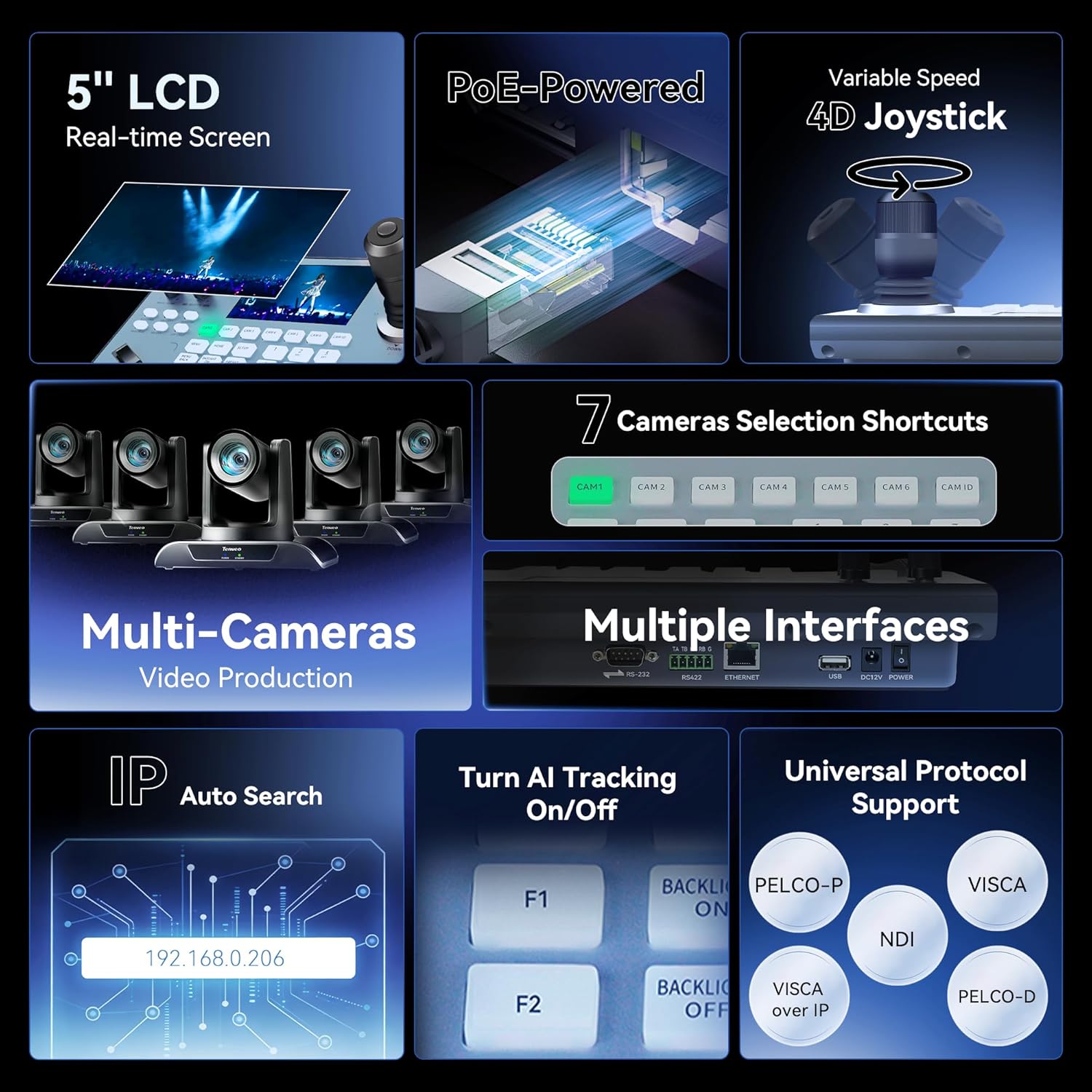 Detalle de Tenveo NDI PTZ Camera Controller 4D Joystick with 5" LCD Preview (PoE, VISCA/Pelco/RS232/RS422)