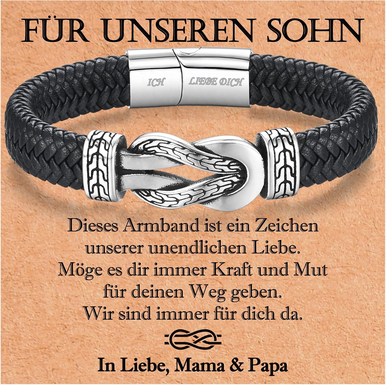 Detalle de USEEDOVIA Lederarmband mit Infinity-Symbol und Magnetverschluss – Geschenkidee für Sohn, Papa oder Schatz