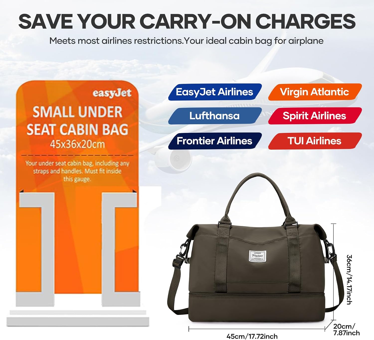Detalle de Reisetasche Damen 45x36x20 – praktische EasyJet-Handgepäck-Tasche mit Schuhfach und Nass-/Trocken-Trennung