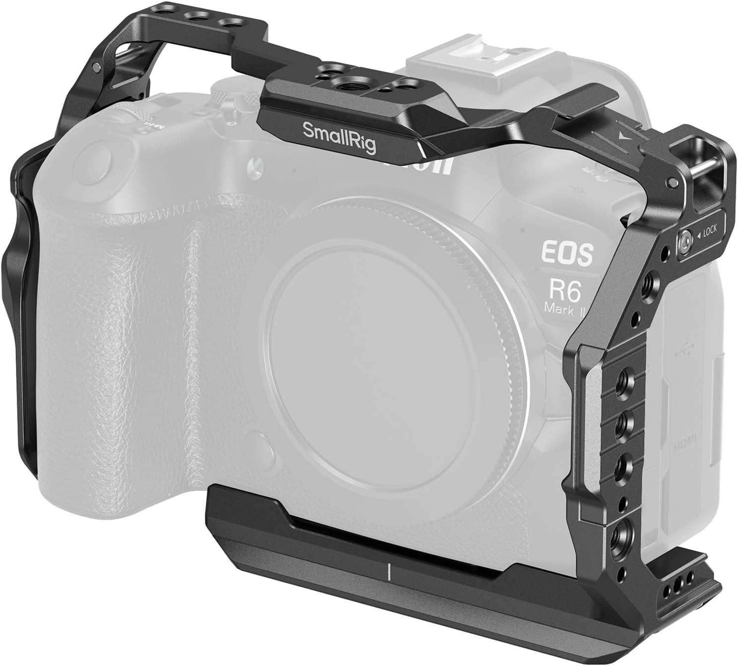 Detalle de SMALLRIG R6 Mark II Käfig mit Dualen NATO-Schienen und Arca-Schnellwechselplatte (4159B) für Canon R6 Mark II