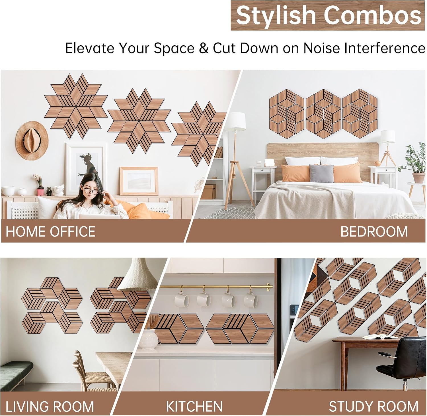 Detalle 1 de Mollywell Walnut Hexagon Acoustic Panels, 12-Pack, 14 x 12 in, NRC 0.95