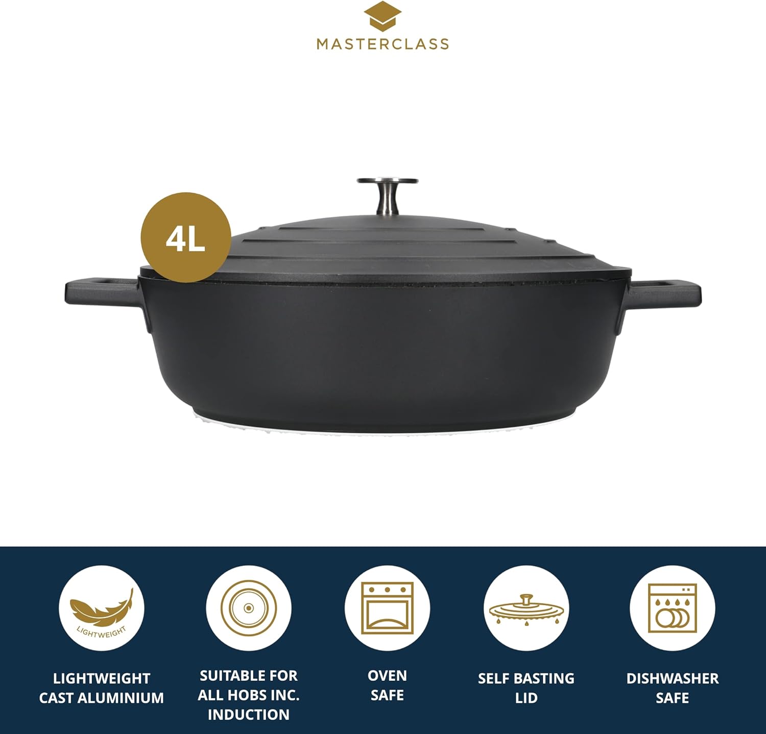 Thumbnail 2 de MasterClass Shallow Casserole Dish with Lid 4L/28 cm – Lightweight Cast Aluminium, Induction Safe