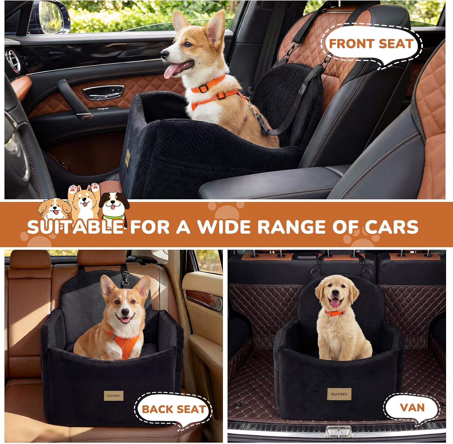 Thumbnail 6 de Autsel Dog Car Seat for Medium & Small Dogs – Waterproof Booster Seat with Safety Belt and Storage Pockets