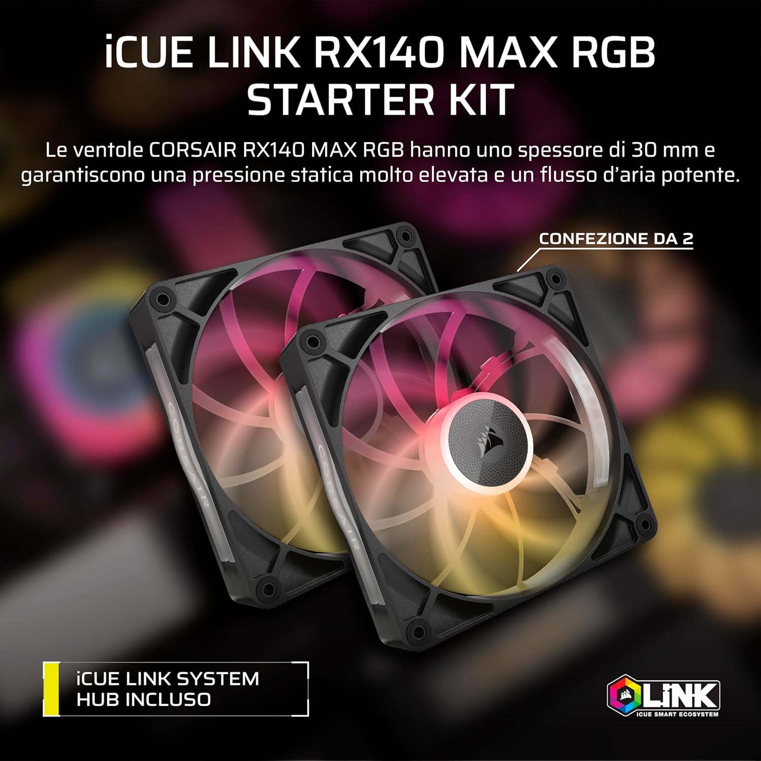 Detalle 2 de CORSAIR iCUE LINK RX140 MAX RGB 140mm PWM Ventola con Hub iCUE LINK – Nero