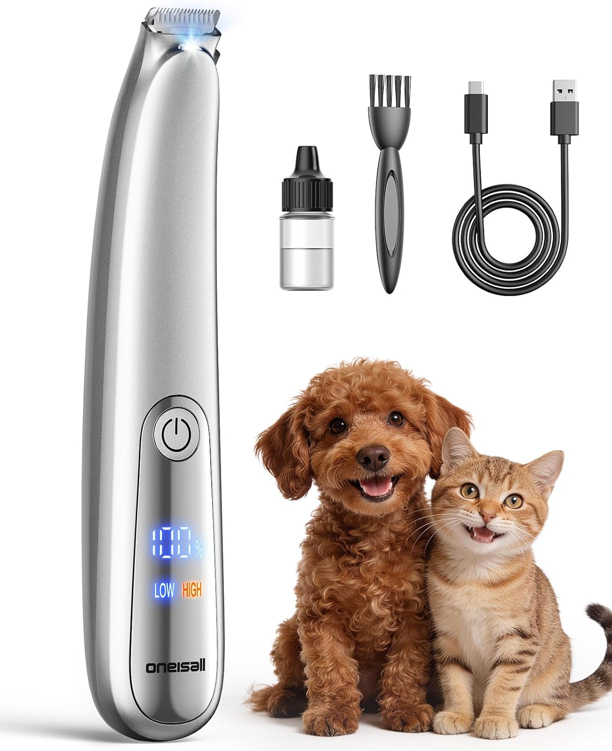 Detalle de oneisall Pfotentrimmer Extra Leise mit LED-Licht – Hunde- und Katzen-Trimmer für Pfoten, Ohren, Augen & mehr (Silber)