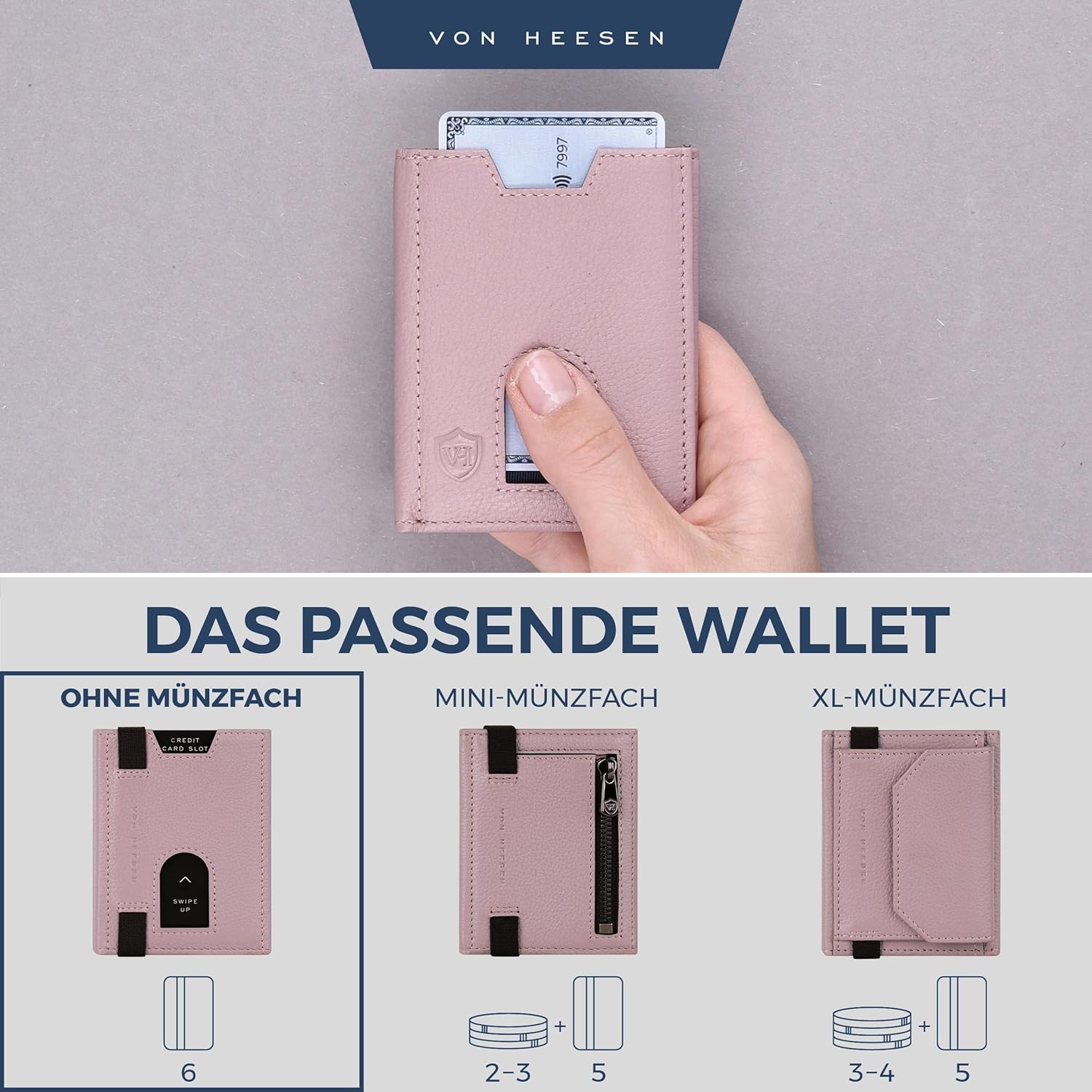 Thumbnail 5 de VON HEESEN Leder Slim Wallet mit RFID-Schutz – Mini-Geldbörse im Lavendel-Ton (Kartenetui)