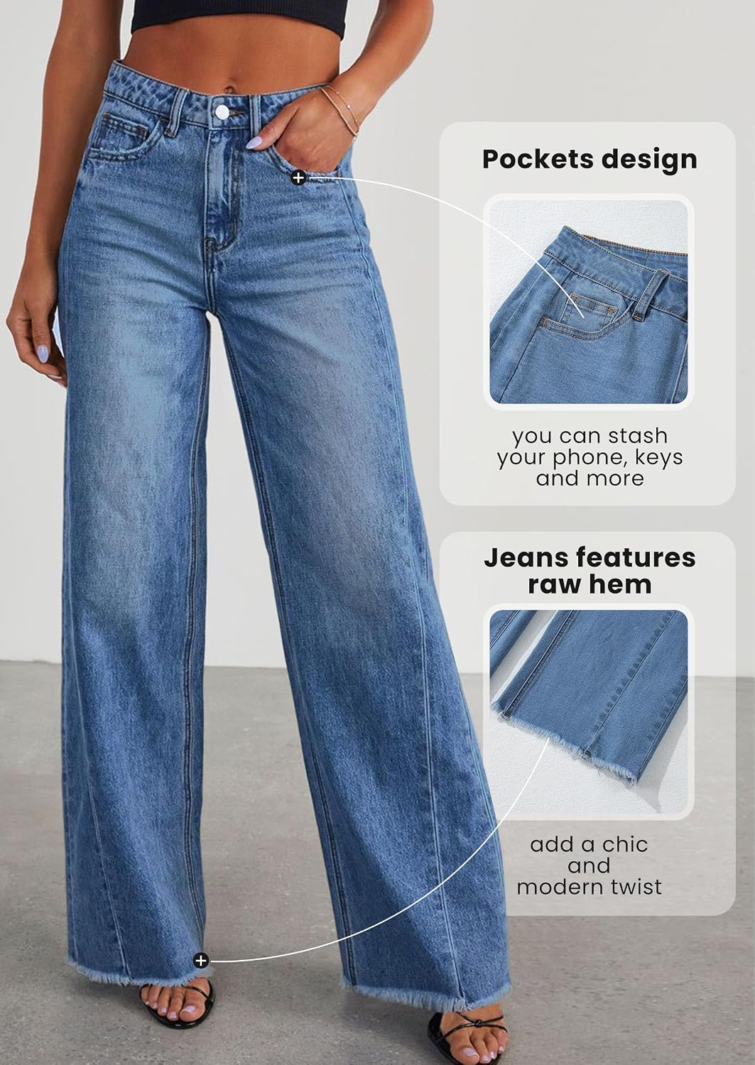 Detalle de PRETTYGARDEN Women's Wide-Leg Jeans with Stretch, High Waist and Raw Hem