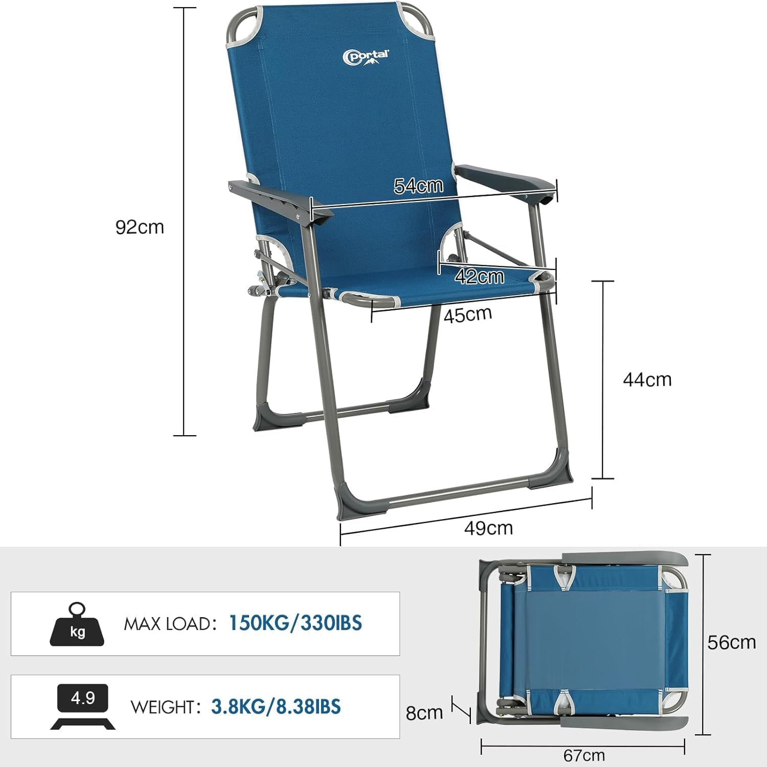 Detalle de Portal Campingstuhl faltbar Klappstuhl Camping bis 150 kg belastbar, leicht & komfortabel – Blau