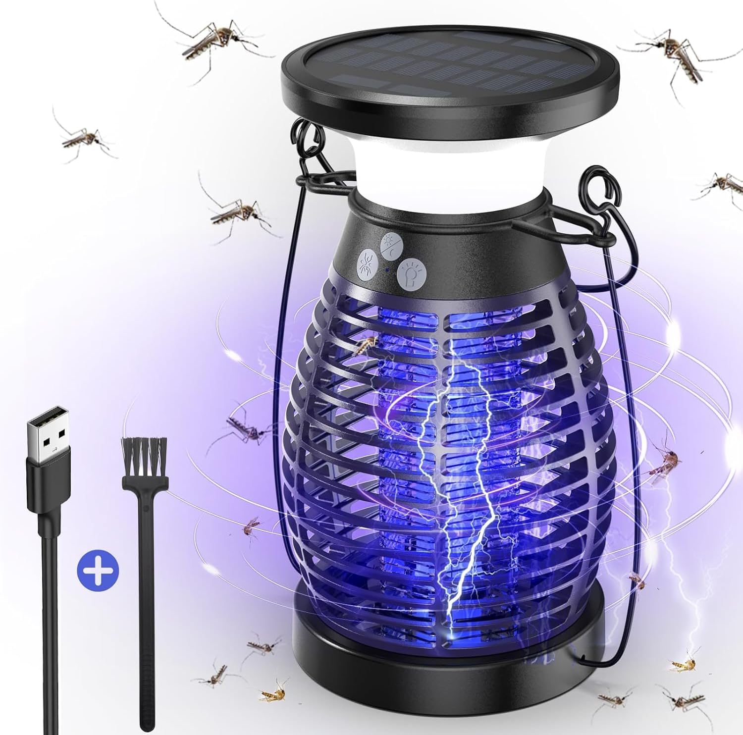 Detalle de Lampada Antizanzare Elettrica Solare 4200V – IP66, ricarica solare e USB (Viola)