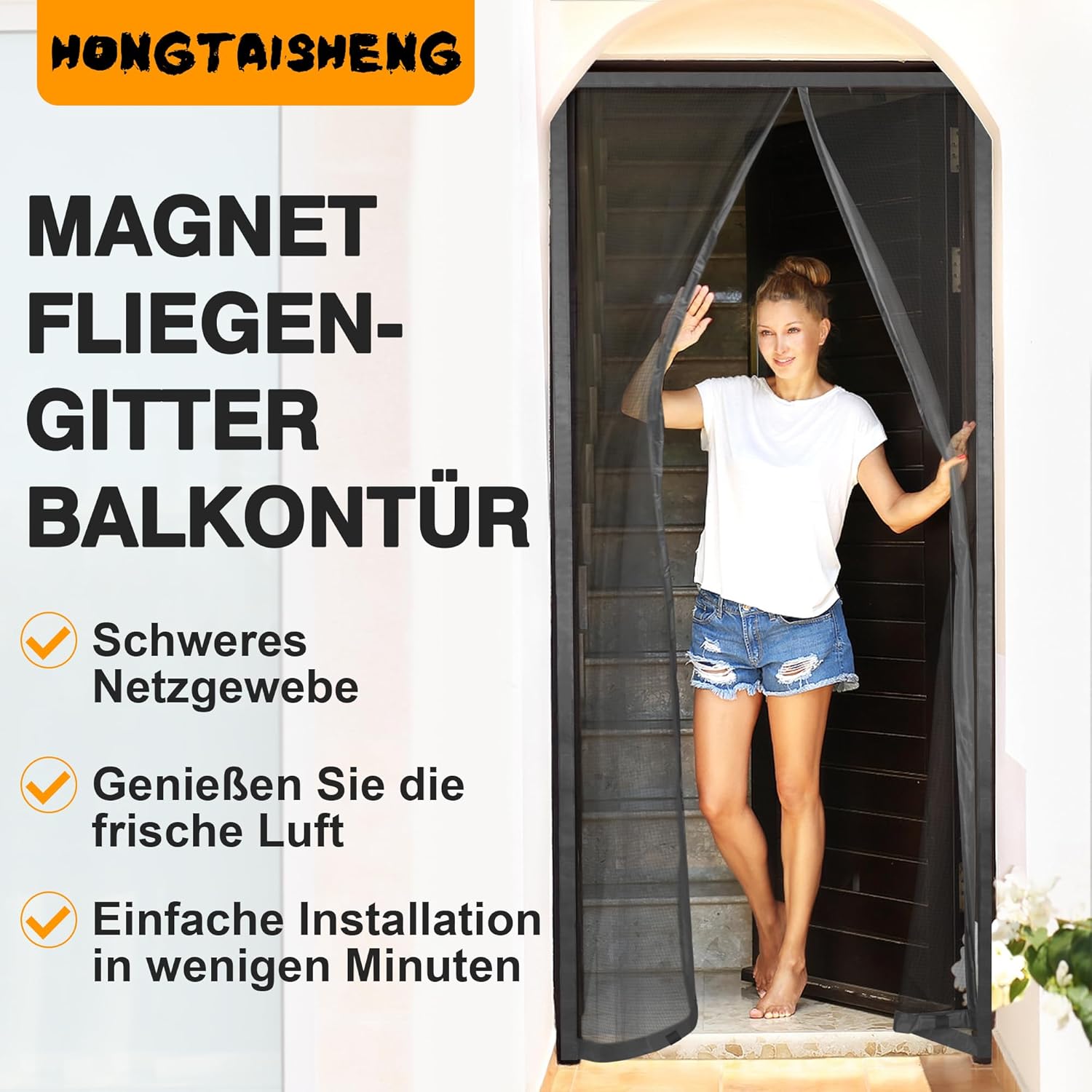 Thumbnail 6 de Fliegengitter Balkontür von HONGTAISHENG (80x210 cm) – Magnetvorhang ohne Bohren, 4 cm Klettverschluss, Grau