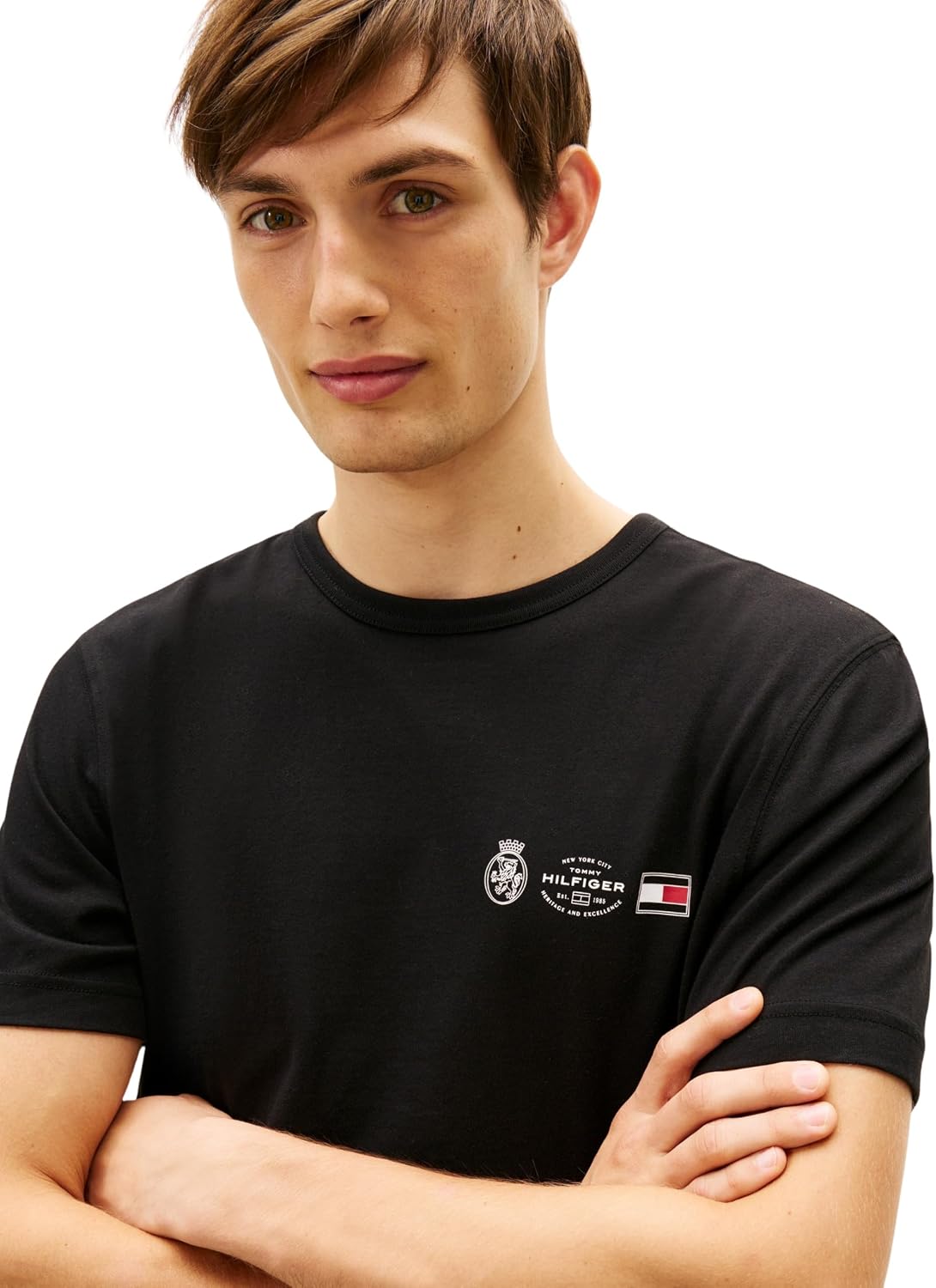 Detalle de Tommy Hilfiger Herren T-Shirt Kurzarm „Small Crest Outline“ mit Rundhalsausschnitt aus Baumwolle