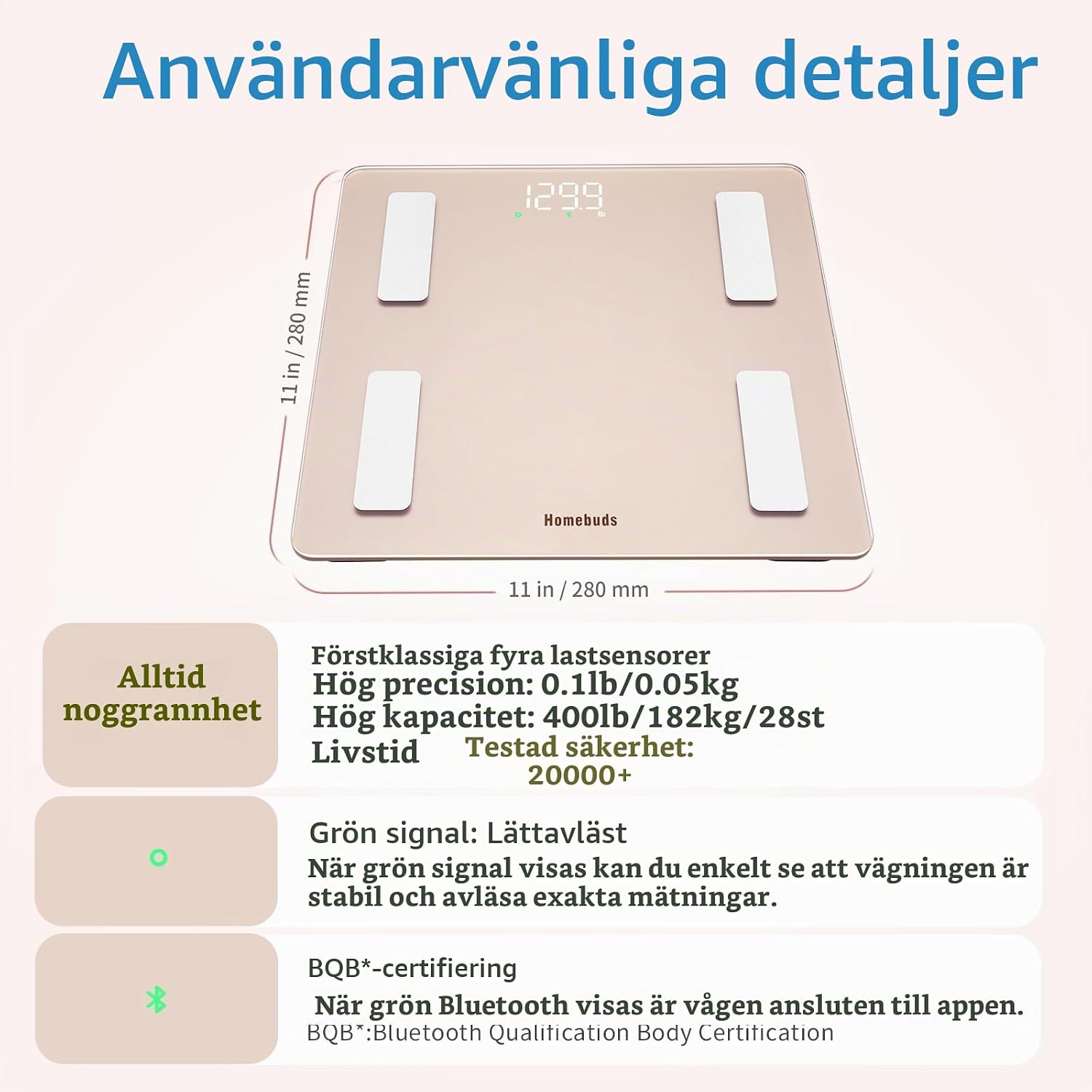 Detalle de HOMEBUDS HB9029 smart personvåg med kroppssammansättning, 182 kg, roséguld