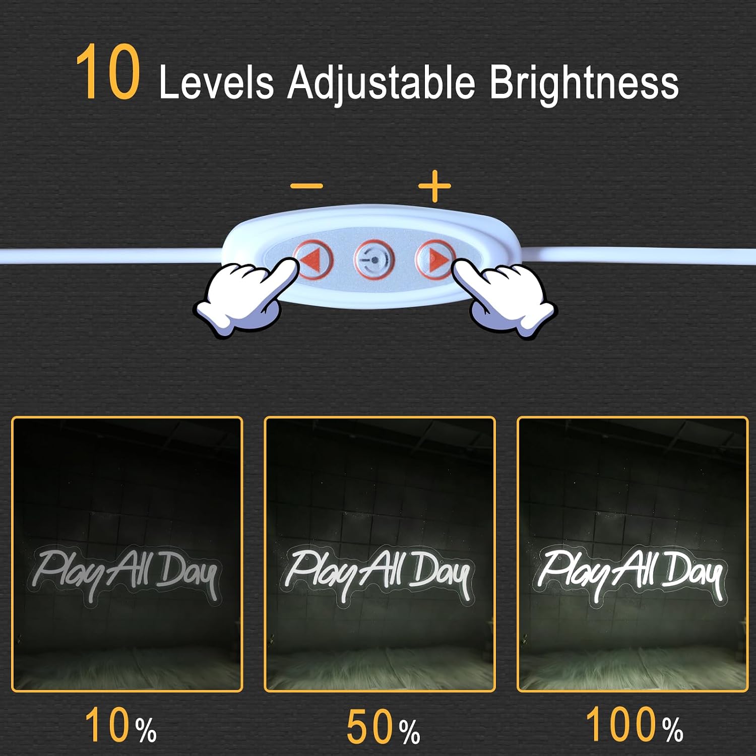Detalle de Play All Day Neon Schild – LED Weiß Neon Sign für Wanddekoration
