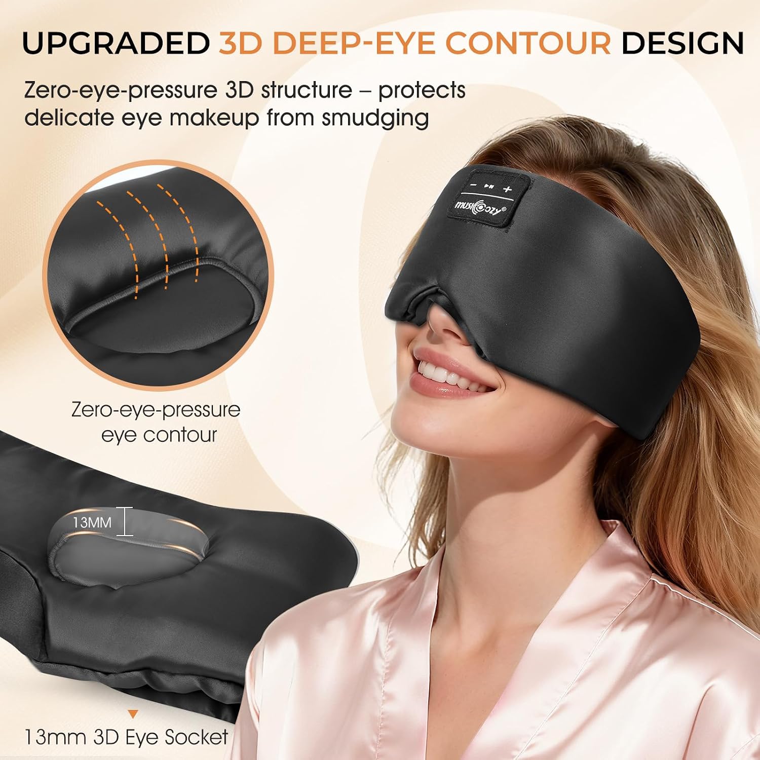 Detalle de MUSICOZY Silk Sleep Mask Headphones: 100% Mulberry Silk Bluetooth Sleep Mask with 3D Eye Design