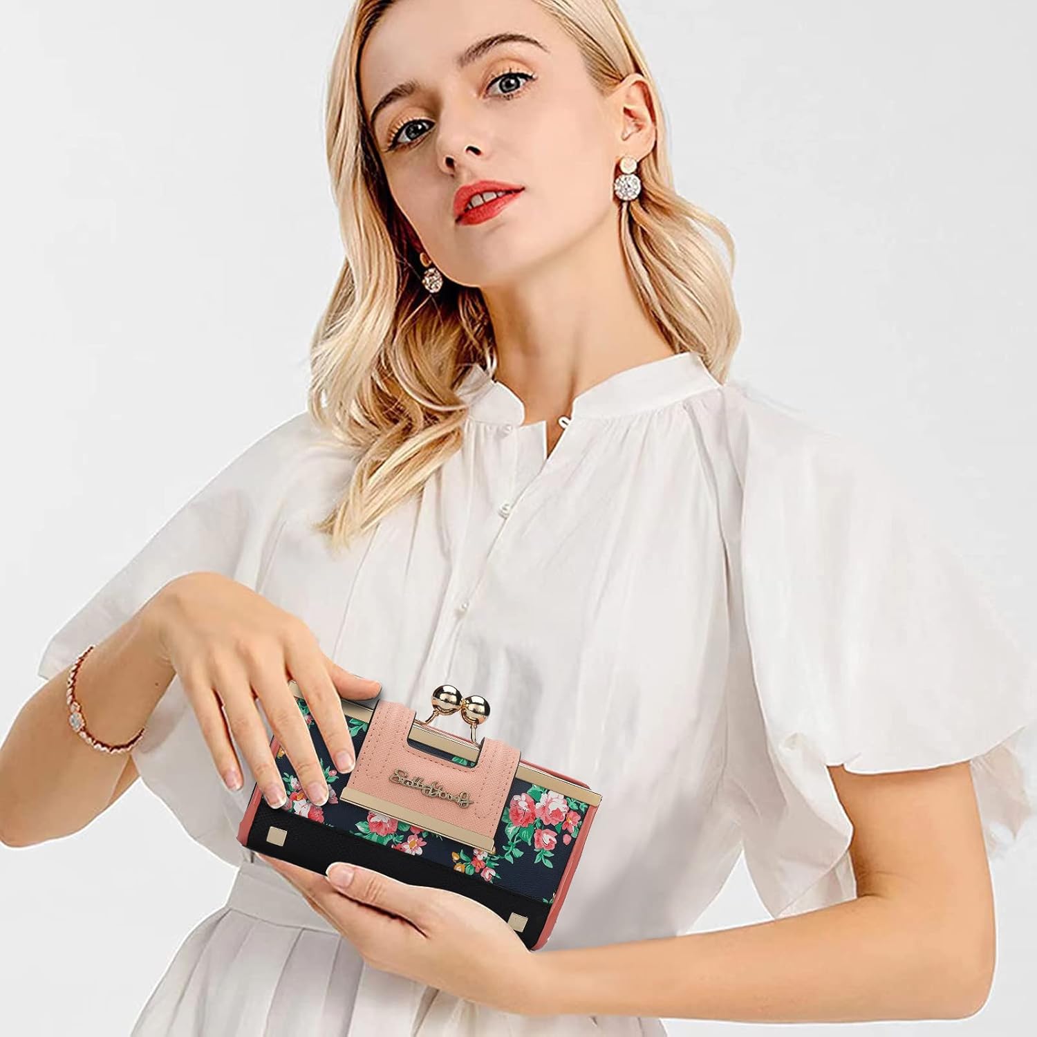 Thumbnail 1 de Gladdon Portefeuille femme élégant à motif rosier bleu foncé – 10 emplacements cartes et poche à pièces