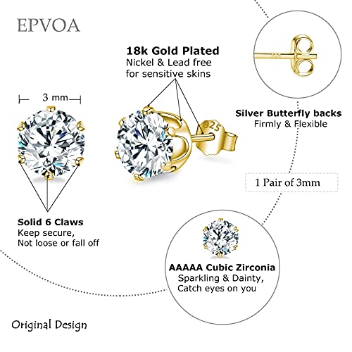 Thumbnail 1 de EPVOA Sterling Silver Stud Earrings with Cubic Zirconia (925 Silver, 18K Gold Plated) for Women and Girls